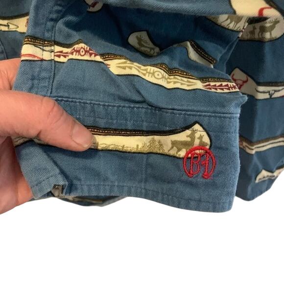 Vintage Barn Fly button up shirt all over Canoe Print navy blue and brown sz M - Picture 4 of 5